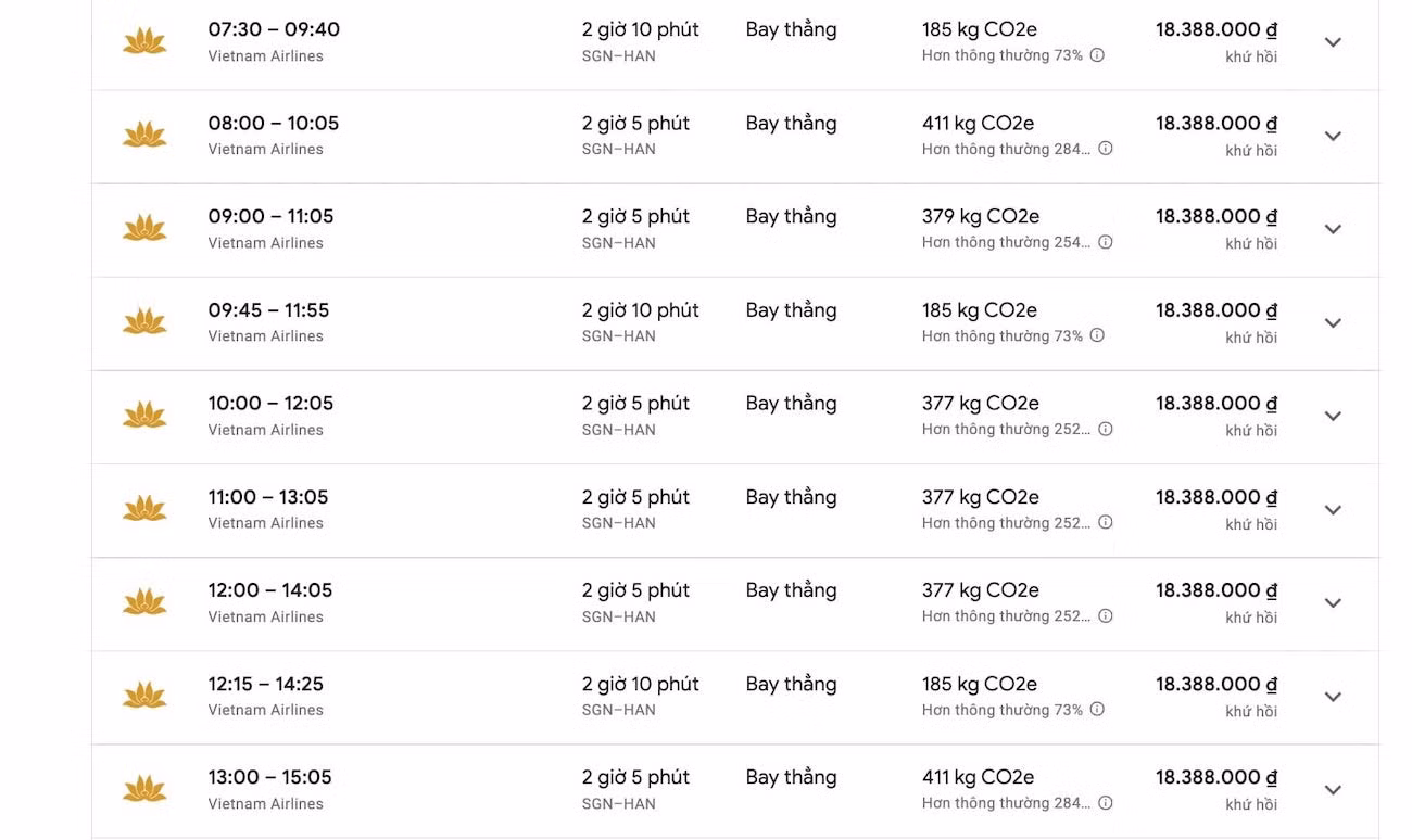 Giá vé máy bay khứ hồi chặng TPHCM - Hà Nội đắt nhất trên 18 triệu đồng. Ảnh: Google Flight