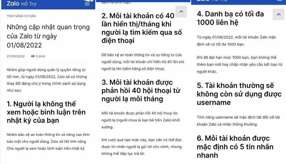 Thông báo mới từ bộ phận hỗ trợ của Zalo. Ảnh chụp màn hình