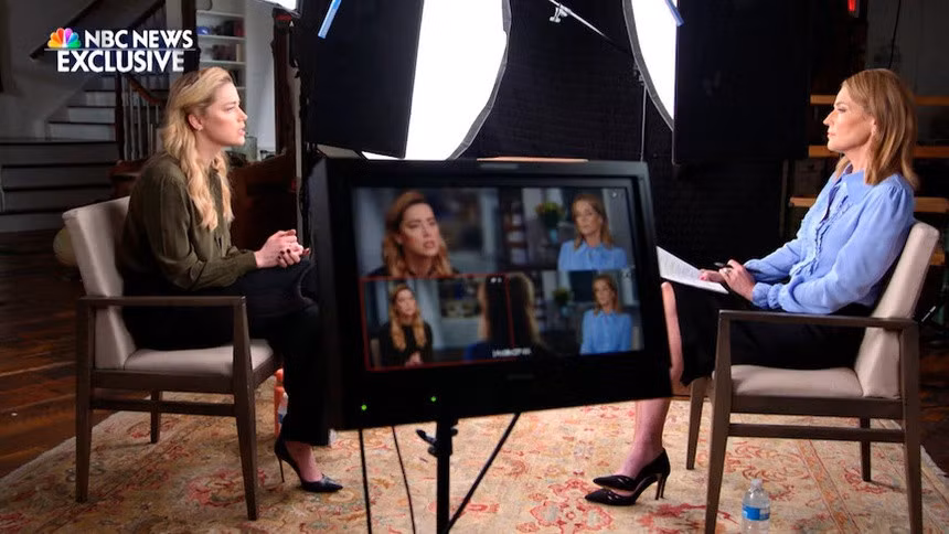 Amber Heard trong cuộc phỏng vấn đầu tiên sau vụ kiện. Ảnh: NBC News.