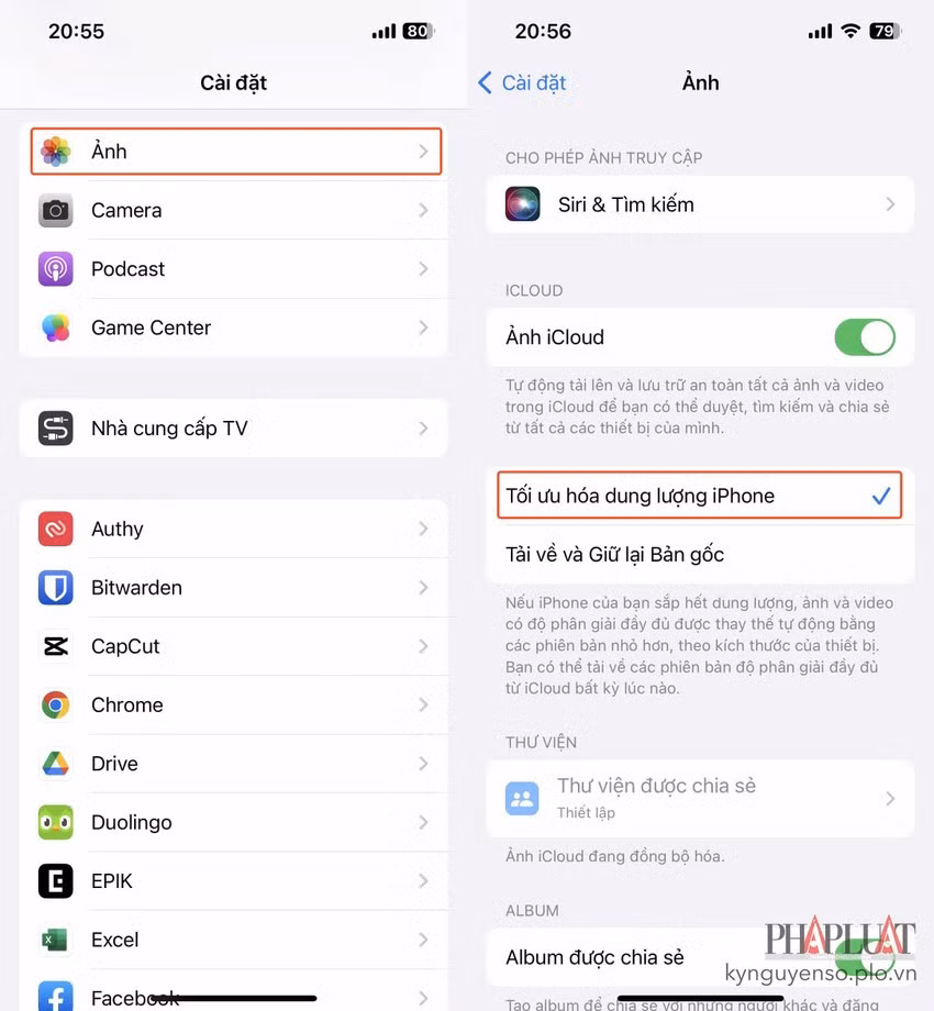 Cách tối ưu hóa dung lượng hình ảnh và video trên iPhone. Ảnh: MINH HOÀNG