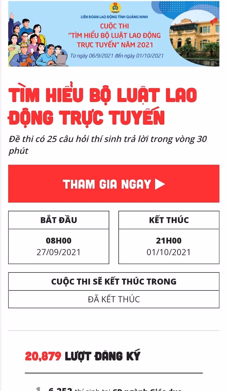 Cuộc thi “Tìm hiểu Bộ luật Lao động trực tuyến” do LĐLĐ tỉnh phát động tham gia đã thu hút được đông đảo đoàn viên, CNLĐ dự thi.