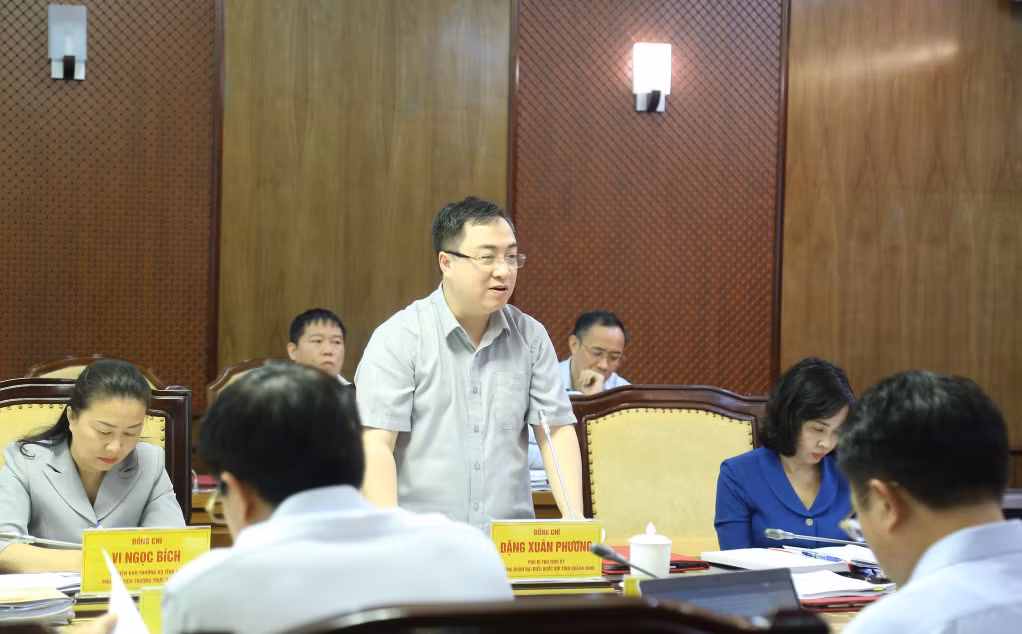 Đồng chí Đặng Xuân Phương, Phó Bí thư Tỉnh ủy, Trưởng Đoàn ĐBQH tỉnh, phát biểu tại cuộc họp.
