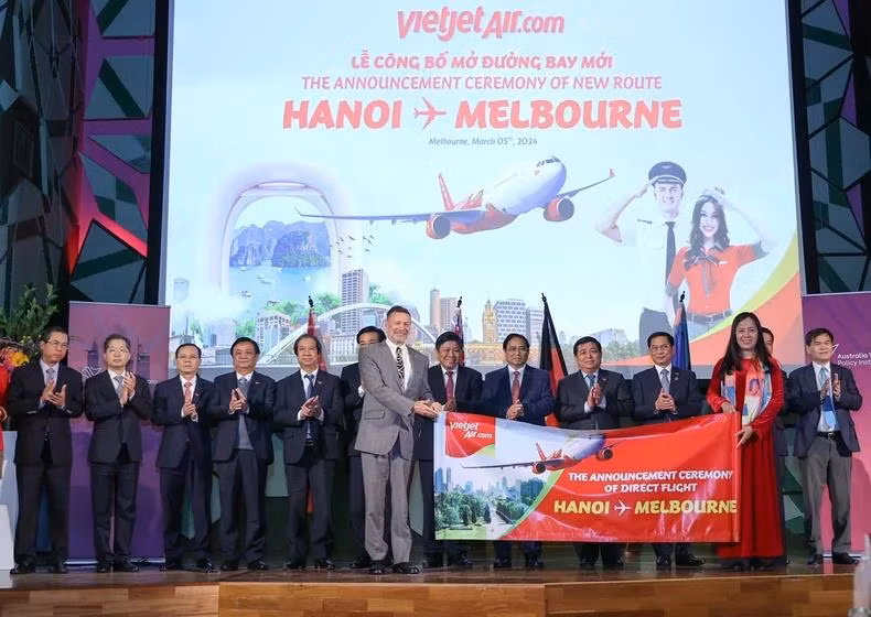 Thủ tướng Phạm Minh Chính dự lễ công bố mở đường bay mới Hà Nội - Melbourne của Hãng hàng không Vietjet (Ảnh: Nhật Bắc).