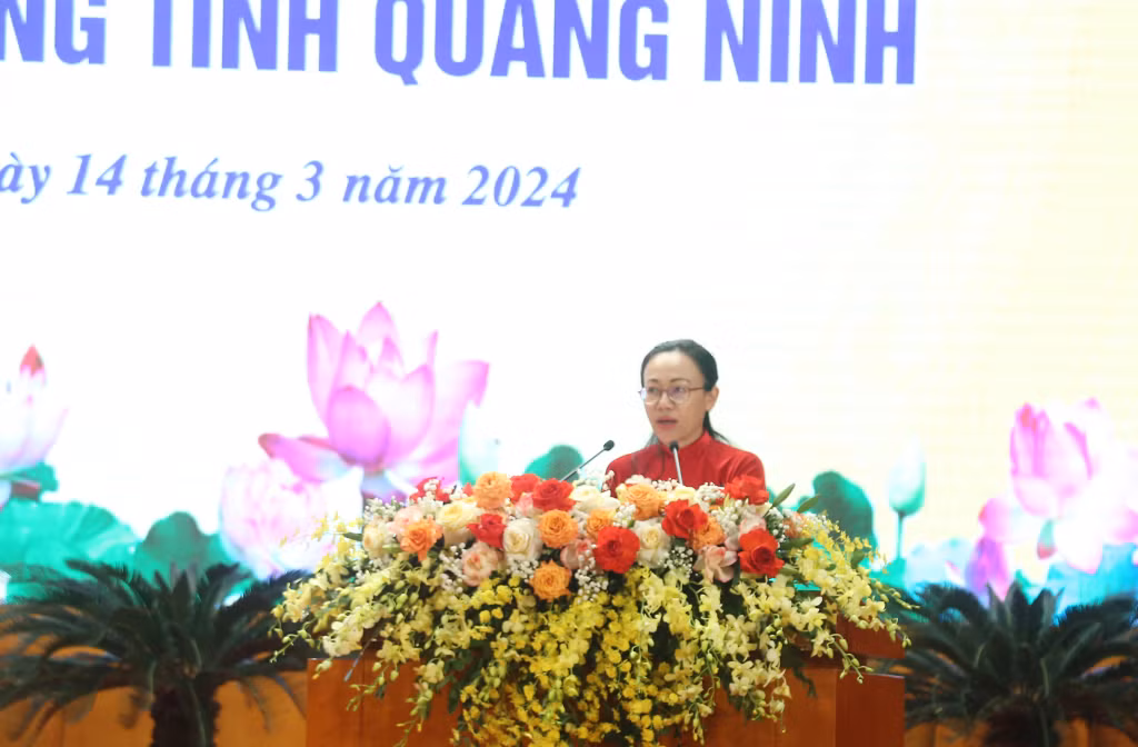 Đồng chí Lê Ngọc Hân, Giám đốc Sở Thông tin và Truyền thông tham luận tại hội nghị.