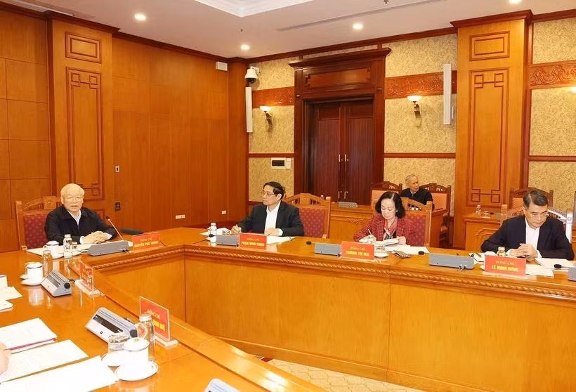 Tổng Bí thư Nguyễn Phú Trọng chủ trì phiên họp đầu tiên Tiểu ban Nhân sự Đại hội XIV của Đảng ngày 13/3/2024. (Ảnh: Trí Dũng/TTXVN)
