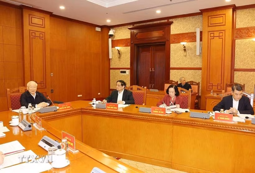 Tổng Bí thư Nguyễn Phú Trọng chủ trì phiên họp đầu tiên Tiểu ban Nhân sự Đại hội XIV của Đảng ngày 13/3/2024. (Ảnh: Trí Dũng/TTXVN)