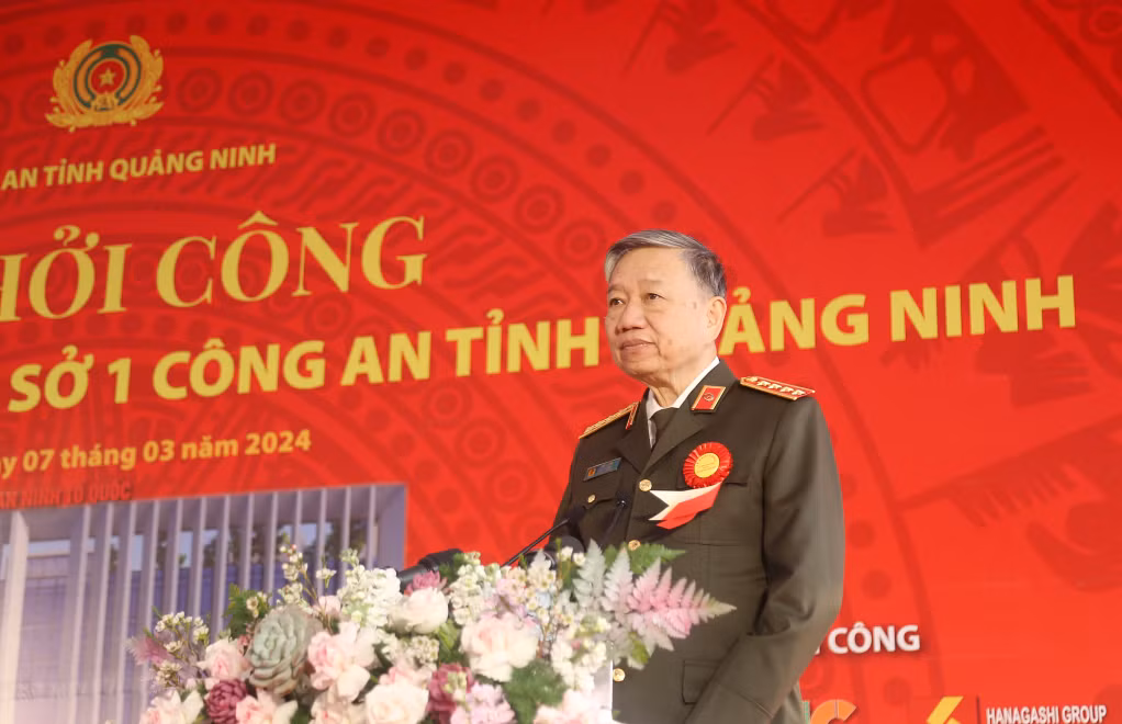 Đại tướng Tô Lâm, Ủy viên Bộ Chính trị, Bí thư Đảng ủy Công an Trung ương, Bộ trưởng Bộ Công an, phát biểu tại lễ khởi công.