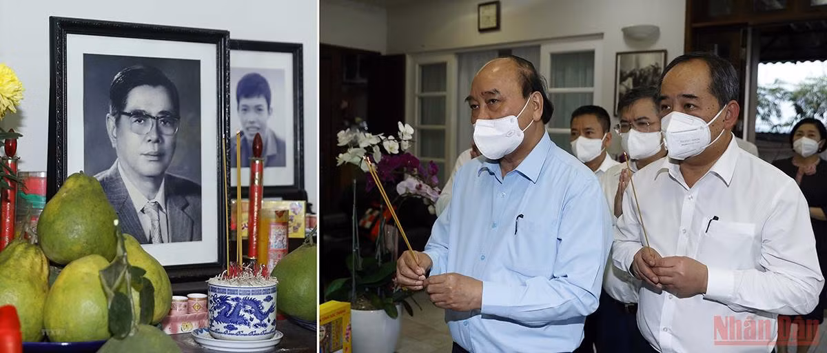 Chủ tịch nước Nguyễn Xuân Phúc dâng hương tưởng nhớ đồng chí Nguyễn Văn Linh, Tổng Bí thư Ban Chấp hành Trung ương từ năm 1986 đến 1991. (Ảnh: TTXVN)
