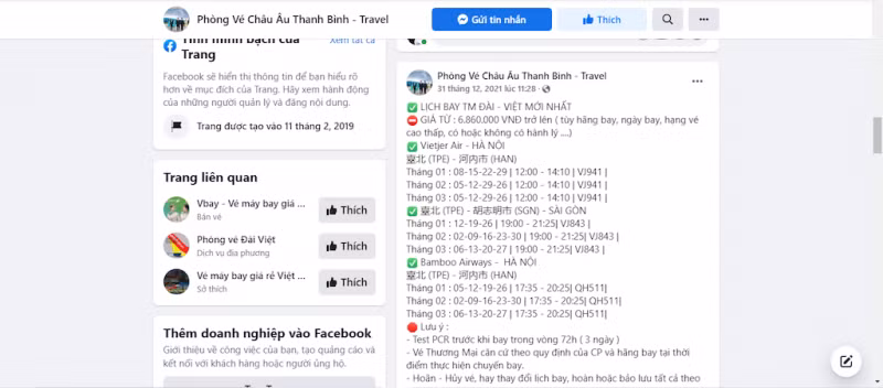 Một số thông tin trên trang Facebook lừa bán vé máy bay