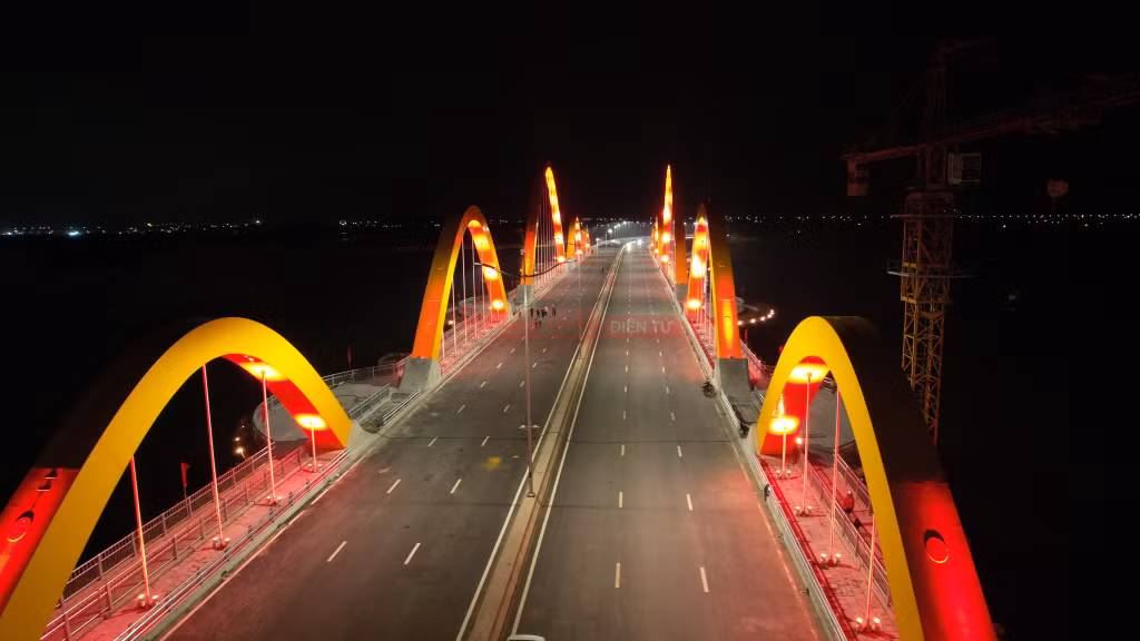 Ánh sáng tập trung vào các trụ tháp và phần dây văng của cây cầu.