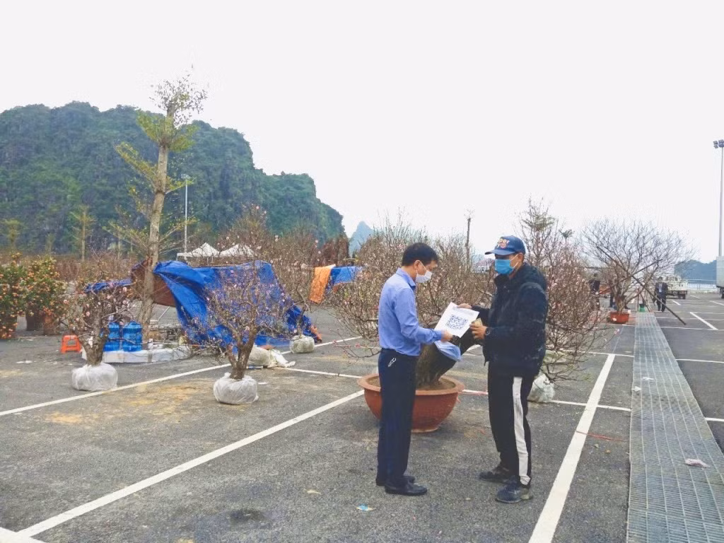 Tại một điểm bán hoa thuộc phường Hồng Hà, cán bộ phường kịp thời phát mã khai báo y tế và yêu cầu các hộ kinh doanh thực hiện nghiêm túc việc nhắc nhở khách hàng khai báo, quét mã y tế khi đến mua hoa.