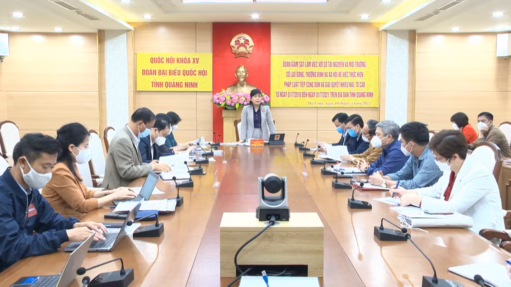 Đồng chí Nguyễn Thị Thu Hà, Phó Trưởng Đoàn Đại biểu Quốc hội tỉnh, phát biểu tại buổi làm việc.