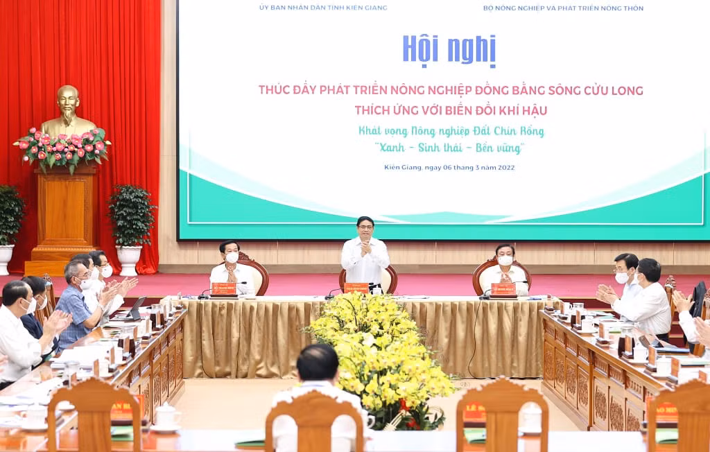 Thủ tướng Phạm Minh Chính tại Hội nghị thúc đẩy phát triển nông nghiệp Đồng bằng sông Cửu Long. Ảnh: Dương Giang/TTXVN