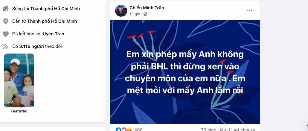 Ảnh chụp màn hình dòng trạng thái khiến nhiều người hoài nghi của HLV Trần Minh Chiến