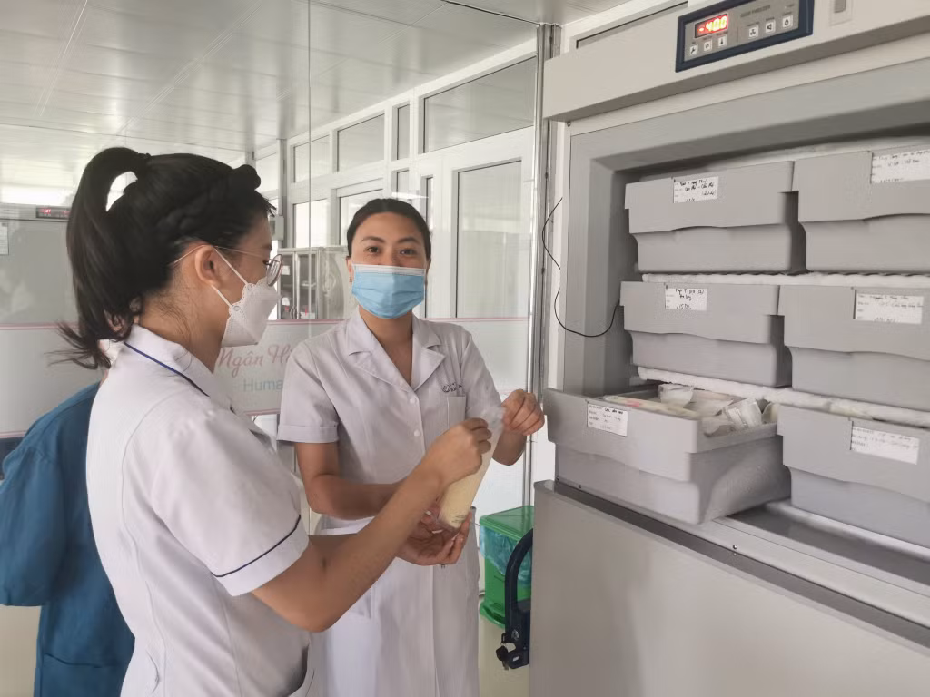 Các y, bác sĩ NHSM Bệnh viện Sản Nhi tỉnh chuyển sữa mẹ vào tủ cấp đông.