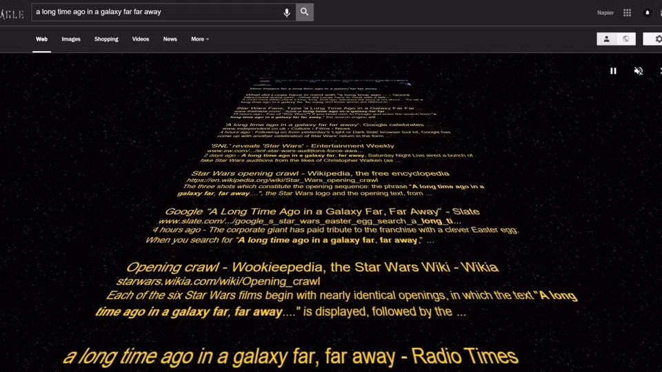 “a long time ago in a galaxy far far away” là một trong những tính năng ẩn ấn tượng nhất của Google. Ảnh: thenextweb.