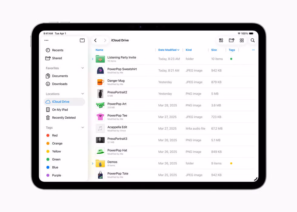 Các tệp được hiển thị thông tin chi tiết trong iPadOS 26. Ảnh: Apple