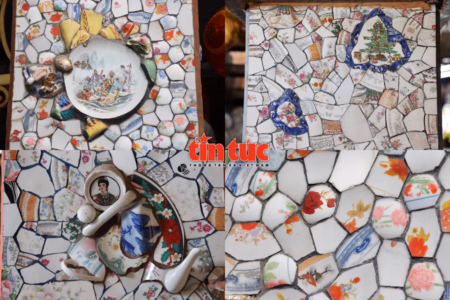 Các mảnh sành, sứ từ ấm trà, đĩa, tô... được gắn khắp các mảng tường, cột, mái trong chùa An Phú.