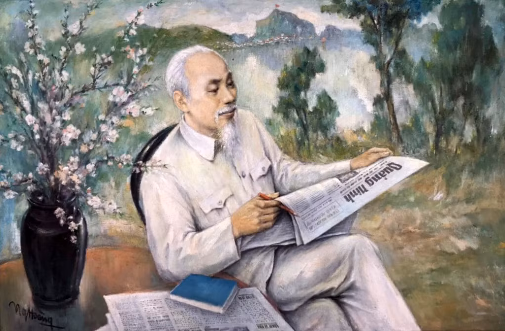 Bác Hồ là người thầy vĩ đại của báo chí cách mạng Việt Nam. (Tranh Bác Hồ đọc Báo Quảng Ninh của hoạ sĩ Nguyễn Hoàng)