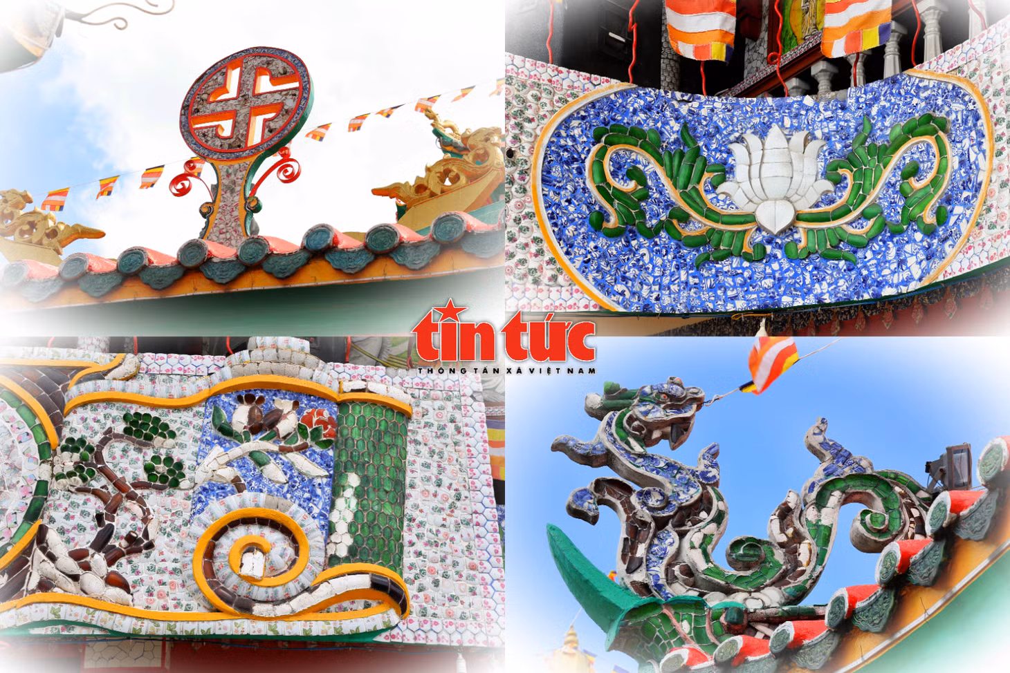 Họa tiết rồng trên mái chùa được trang trí công phu bằng các mảnh sành, tạo nên vẻ uy nghi và sinh động cho công trình.