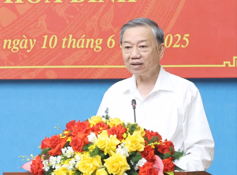 Tổng Bí thư Tô Lâm phát biểu chỉ đạo tại buổi làm việc. (Ảnh: TTXVN)