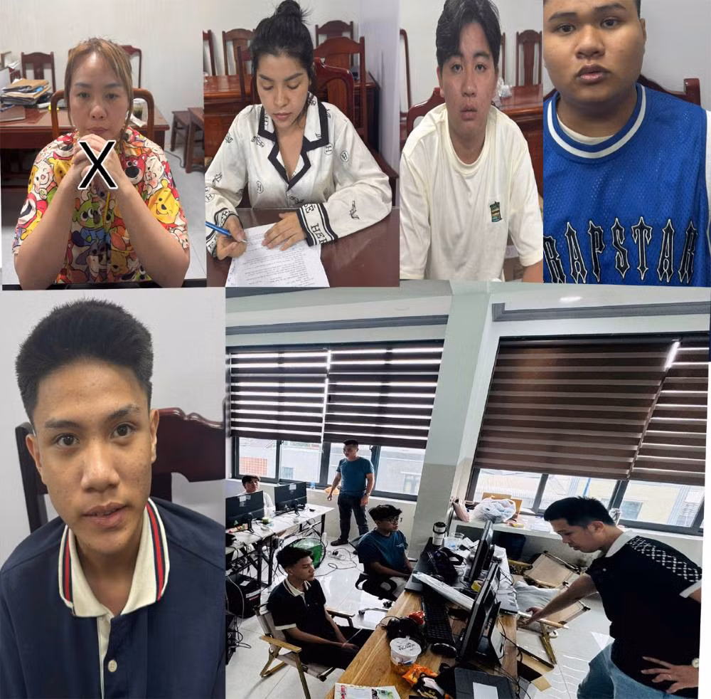 Nguyễn Thị Hồng Nhung (dấu X) và các đối tượng trong ổ nhóm lừa đảo bị bắt giữ. Ảnh: Công an Thanh Hóa