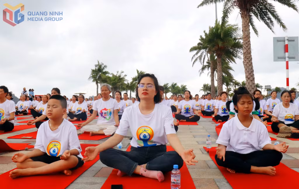 Các yogi nhí cũng nghiêm túc, tập trung cao độ tập luyện cùng người thân.
