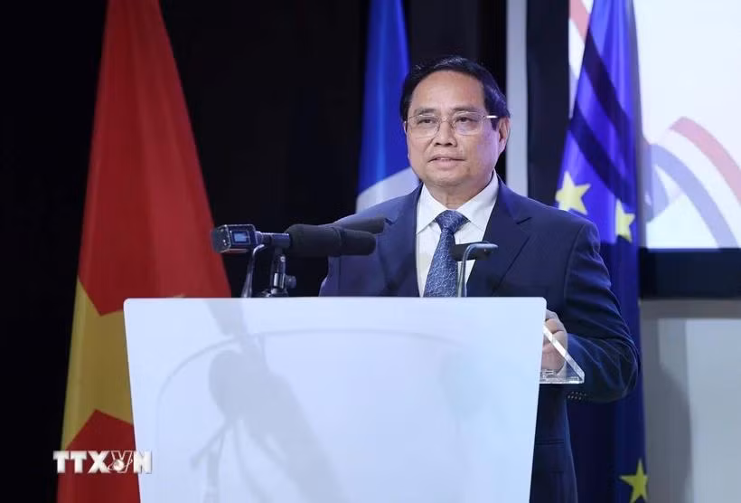 Thủ tướng Phạm Minh Chính phát biểu tại Diễn đàn Doanh nghiệp Việt Nam-Pháp. (Ảnh: Dương Giang/TTXVN)
