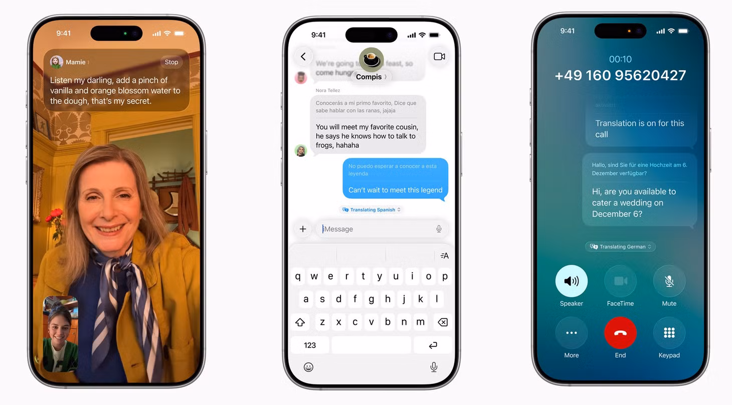 Giao diện dịch trực tiếp Live Translation trên các ứng dụng FaceTime, nhắn tin, gọi điện.