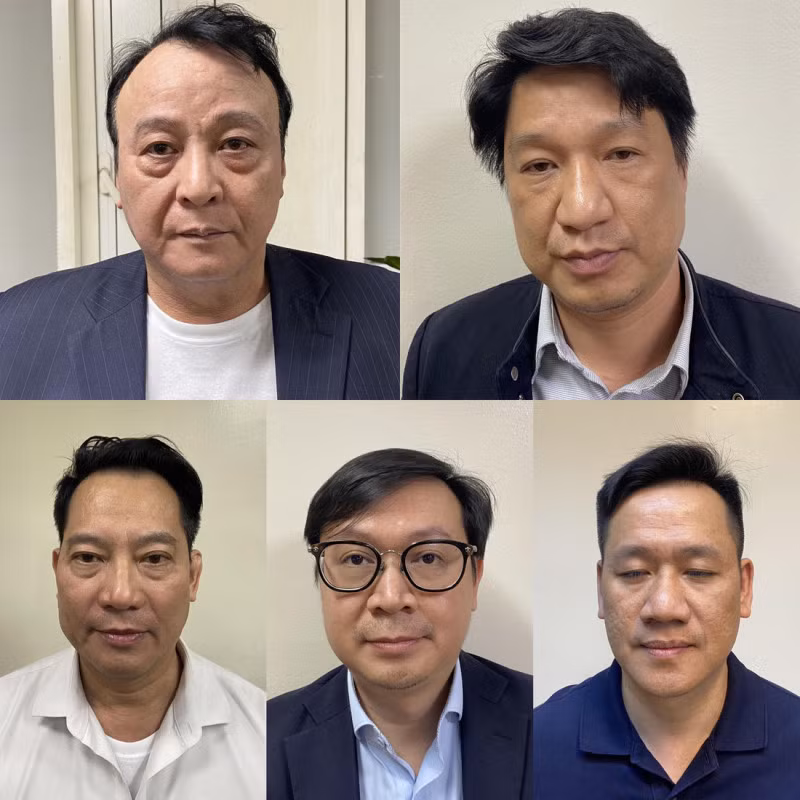 Bị can Đỗ Anh Dũng (hàng trên) và đồng phạm trong vụ án.