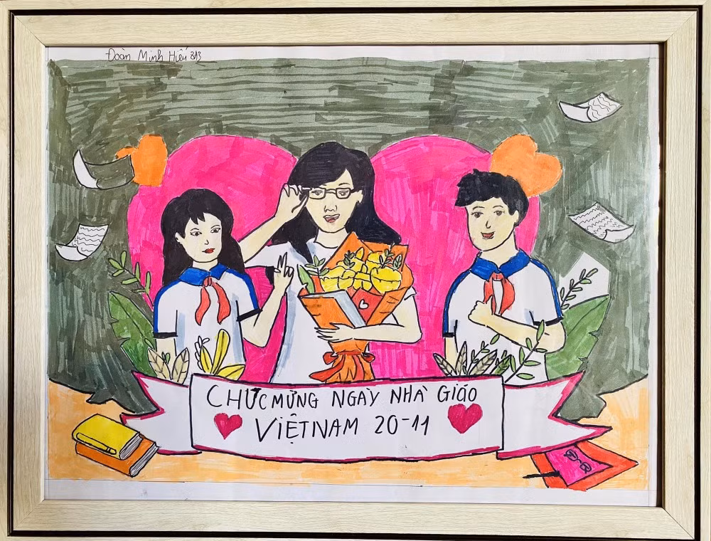 Học sinh Trường TH&amp;THCS Bãi Cháy 2 (TP Hạ Long) thi vẽ tranh chào mừng Ngày Nhà giáo Việt Nam 20/11. Ảnh: Fanpage Trường TH&amp;THCS Bãi Cháy 2