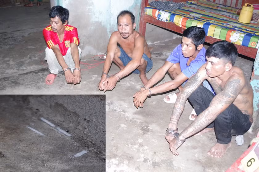 Đối tượng Lý Xai, Lâm Long,Lý Sít, Lý Lương cùng số tang vật tại hiện trường. Ảnh Văn Long