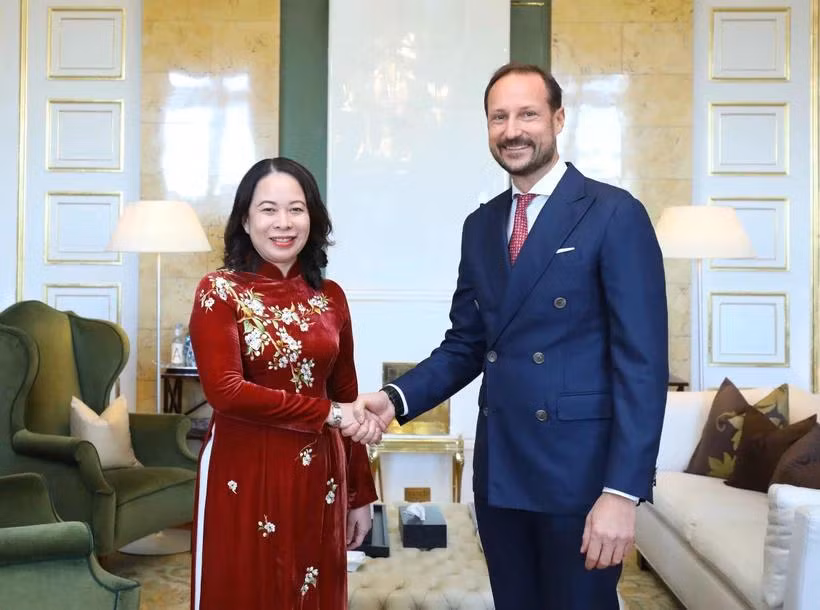 Phó Chủ tịch nước Võ Thị Ánh Xuân hội kiến Thái tử Na Uy Haakon. (Ảnh: An Đăng/TTXVN)