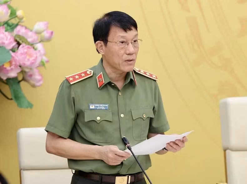 Thượng tướng Lương Tam Quang, Ủy viên Trung ương Đảng, Bí thư Đảng ủy Công an Trung ương, Bộ trưởng Công an phát biểu khai mạc. Ảnh: Nhan Sáng-TTXVN