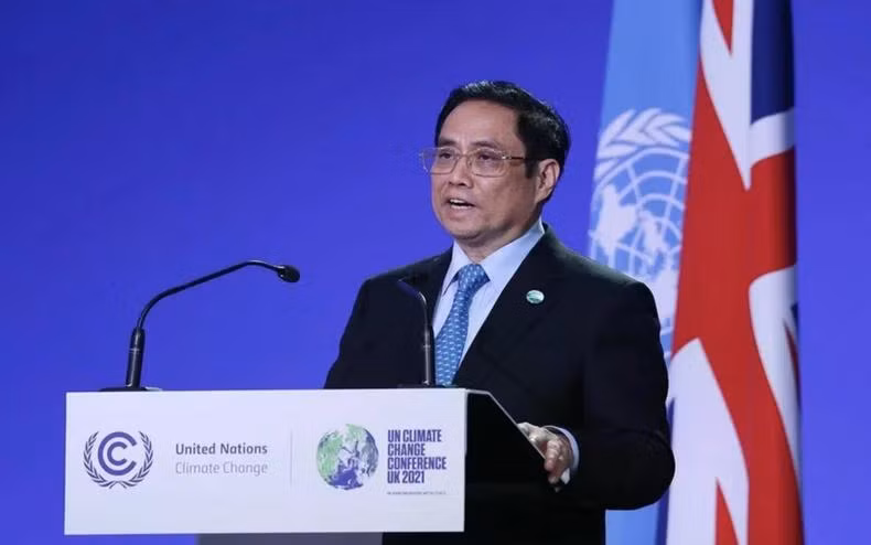Thủ tướng Phạm Minh Chính phát biểu tại Hội nghị thượng đỉnh khí hậu được tổ chức trong khuôn khổ Hội nghị lần thứ 26 các Bên tham gia Công ước khung của Liên hợp quốc về Biến đổi khí hậu (COP26), Glasgow, Scotland, Vương quốc Anh. (Ảnh: TTXVN)