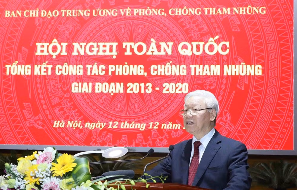Tổng Bí thư Nguyễn Phú Trọng phát biểu tại Hội nghị toàn quốc Tổng kết công tác phòng, chống tham nhũng giai đoạn 2013-2020. Nguồn: TTXVN