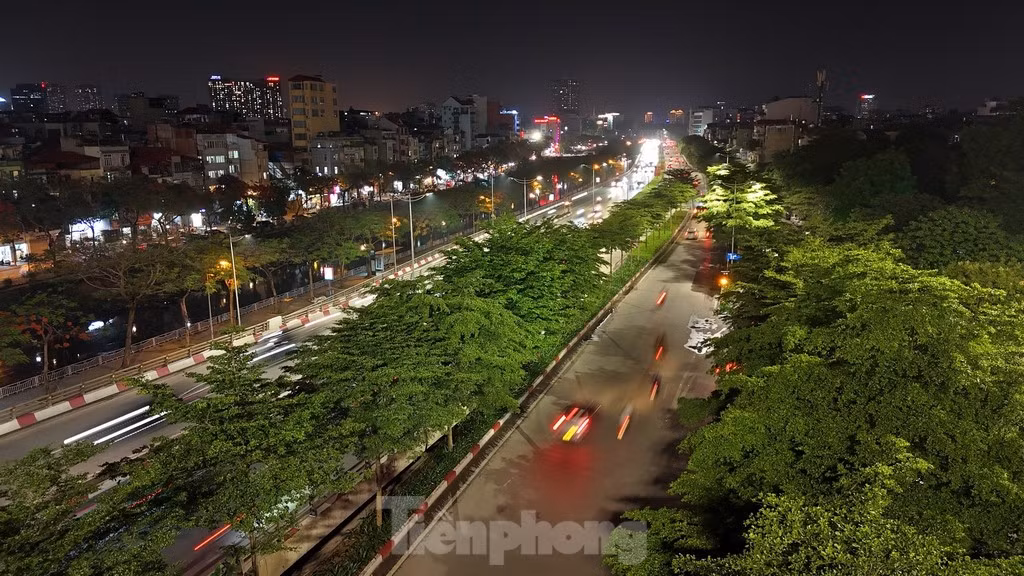 Hình ảnh tại khu vực đường vành đai tại khu vực Cầu Giấy về đêm với màu xanh phủ kín của cây xanh đô thị.