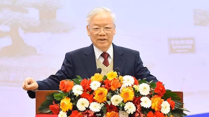 Tổng Bí thư Nguyễn Phú Trọng phát biểu chỉ đạo tại Hội nghị Ngoại giao lần thứ 32. (Ảnh: THỦY NGUYÊN)