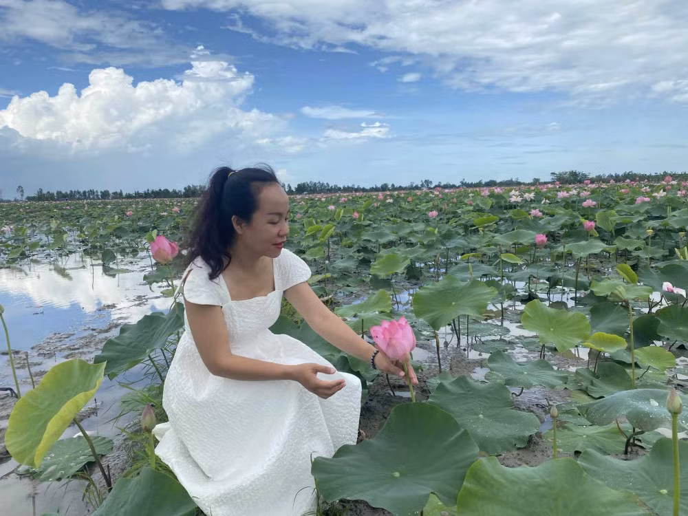 Nhiều người dân, khách qua đường tranh thủ chụp hình cùng những đồng sen. Hầu hết các đồng sen của nông dân đều miễn phí cho du khách.