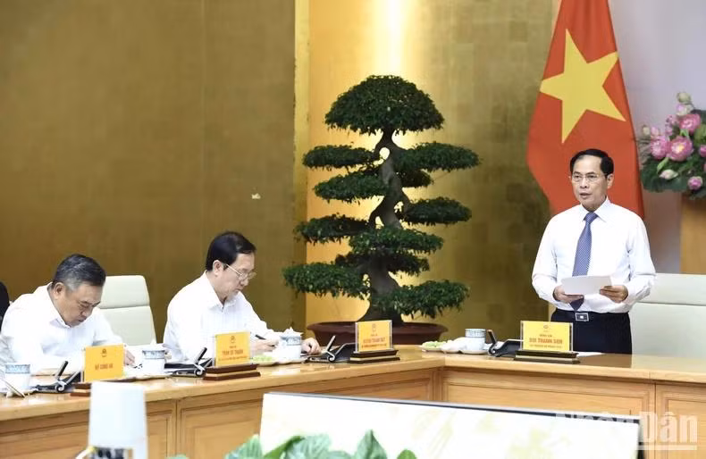 Bộ trưởng Ngoại giao Bùi Thanh Sơn báo cáo tại hội nghị. (Ảnh: TRẦN HẢI)