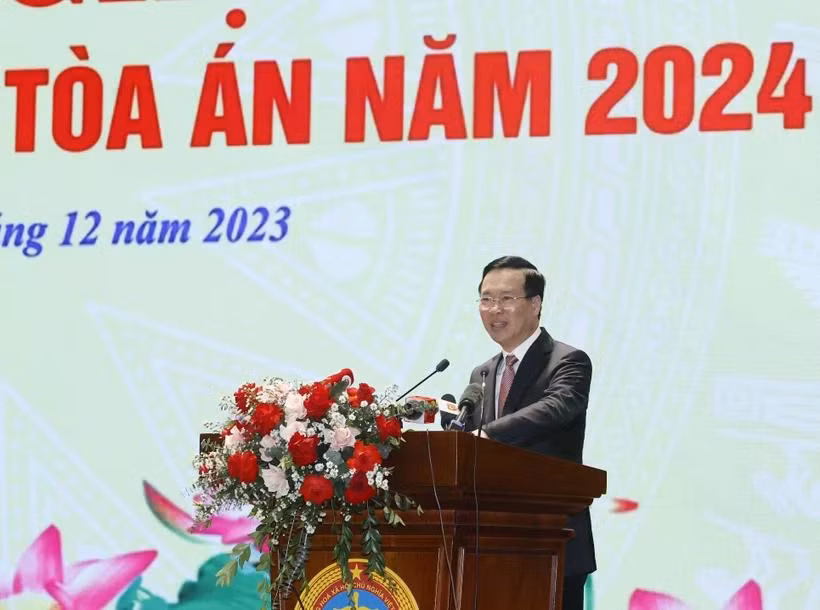 Chủ tịch nước Võ Văn Thưởng phát biểu chỉ đạo tại Hội nghị triển khai nhiệm vụ năm 2024 của Tòa án Nhân dân Tối cao. (Ảnh: Thống Nhất/TTXVN)