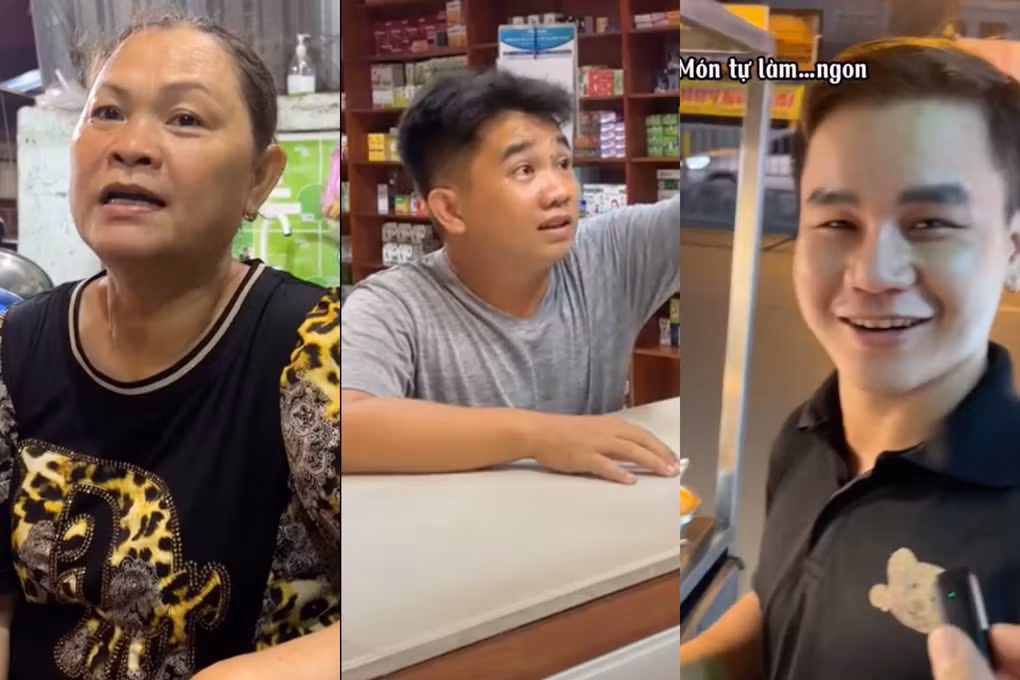 Cô bán bún mắm, anh bán xôi chiên và chủ tiệm thuốc đã giúp đỡ Hoàng lúc hoạn nạn (Ảnh cắt từ video).