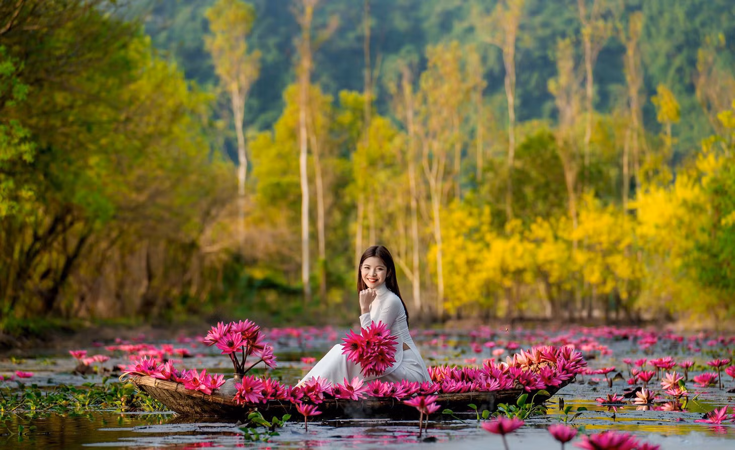 Giữa sắc vàng của hàng tràm và sắc hồng tím của hoa súng, áo dài trắng là trang phục giúp du khách trở nên nổi bật. Một số trang phục truyền thống như áo yếm, áo tứ thân, áo bà ba… cũng được nhiều du khách diện để chụp ảnh. Ảnh: Nguyễn Văn Hữu