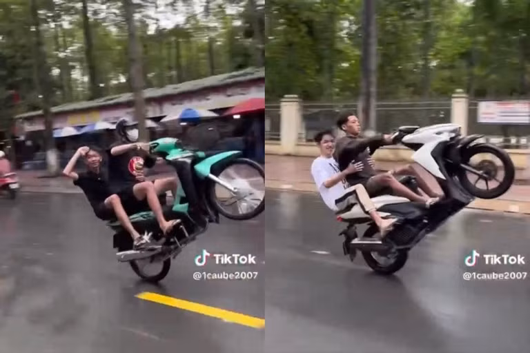 Hình ảnh cắt từ video nhóm thanh niên "bốc đầu" xe máy đăng lên mạng xã hội. Ảnh: CACC