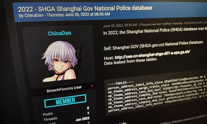 Bài rao bán dữ liệu của thành viên ChinaDan trên diễn đàn hacker.