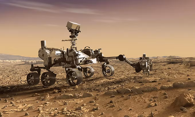Mô phỏng robot Perseverance tìm kiếm dấu hiệu sự sống cổ đại trên sao Hỏa. Ảnh: NASA
