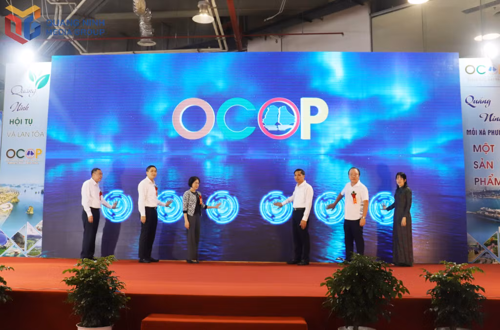 Các đại biểu bấm nút khai mạc hội chợ.