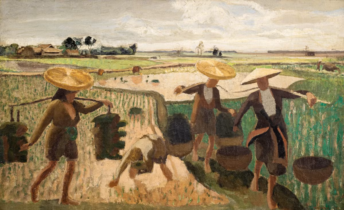 Joseph Inguimberty tả người dân đang lao động trong bức họa Dans les rizières (Trên cánh đồng lúa). Họa sĩ thực hiện tranh năm 1930, kích thước 73x120 cm, chất liệu sơn dầu trên vải bạt. Tác phẩm có giá 630.000 HKD (khoảng hai tỷ đồng).