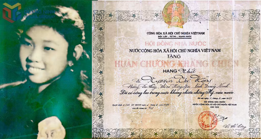 Bà Nguyễn Thị Hồng ngày được vinh dự nhận danh hiệu "Ba đảm đang" vào năm 1960 (ảnh bên trái) và được Nhà nước trao tặng Huân chương kháng chiến chống Mỹ cứu nước hạng Nhất.