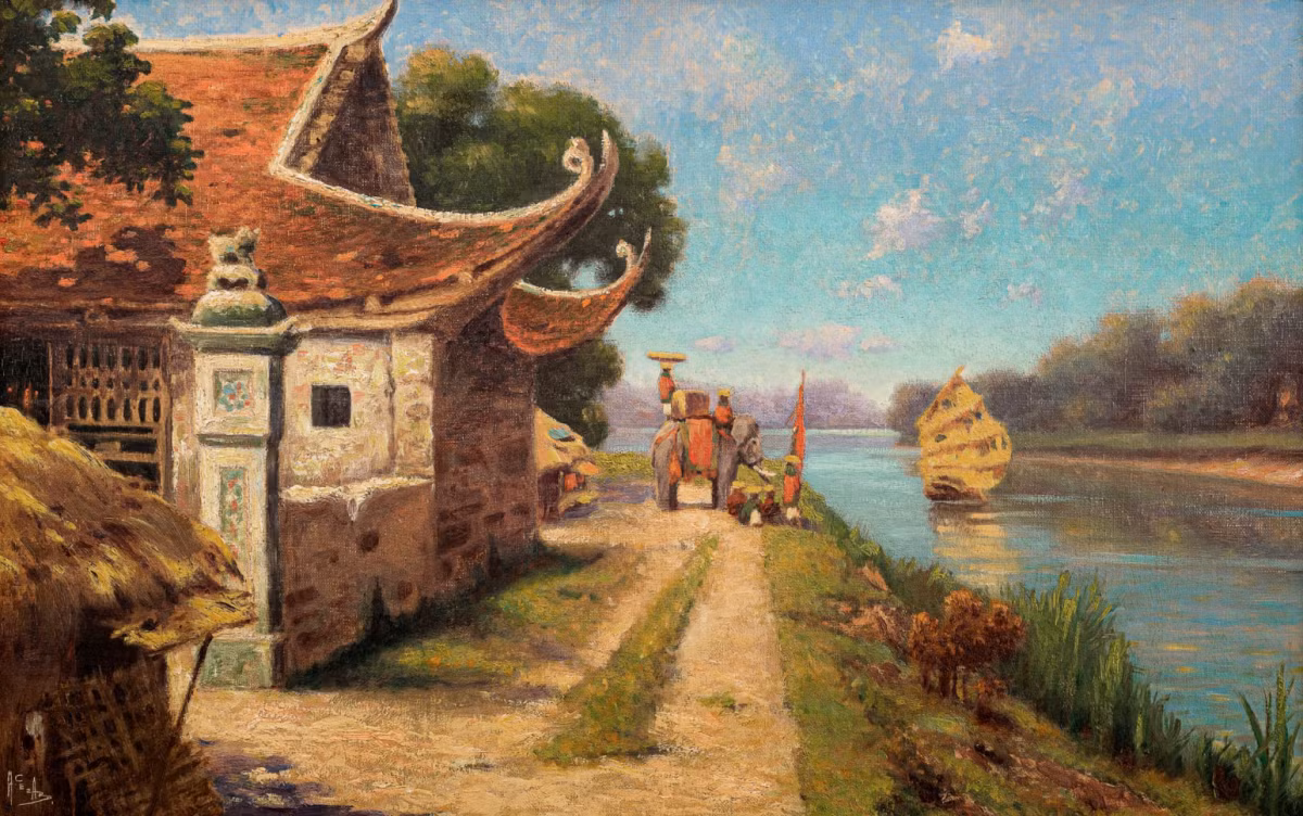Một góc mái đình, dòng sông êm ả hiện diện trong Scène tonkinoise (Cảnh Bắc Kỳ) của Albert Cézard (1869 - khoảng 1916), được gõ búa 201.600 HKD (671 triệu đồng). Ông hoàn thiện tranh khoảng năm 1902, sử dụng sơn dầu trên vải bạt, kích thước 37,5x60 cm.